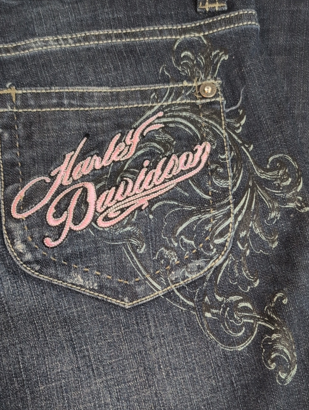 Harley Davidson Women’s Size 8 Dark Wash Bootcut Jeans Pink Embroidered Graphic